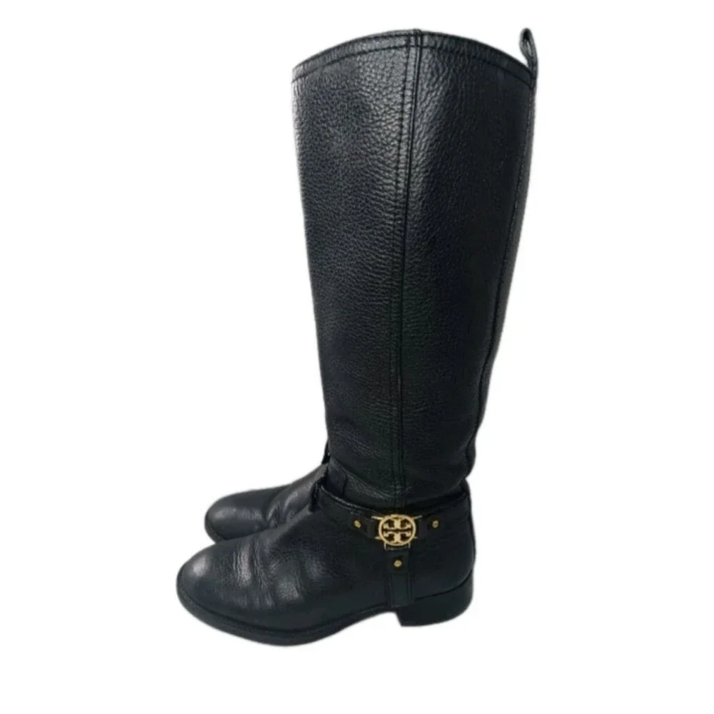 Tory Burch Black Leather Riding Boots Women's Size 5 M Gold Logo Accent